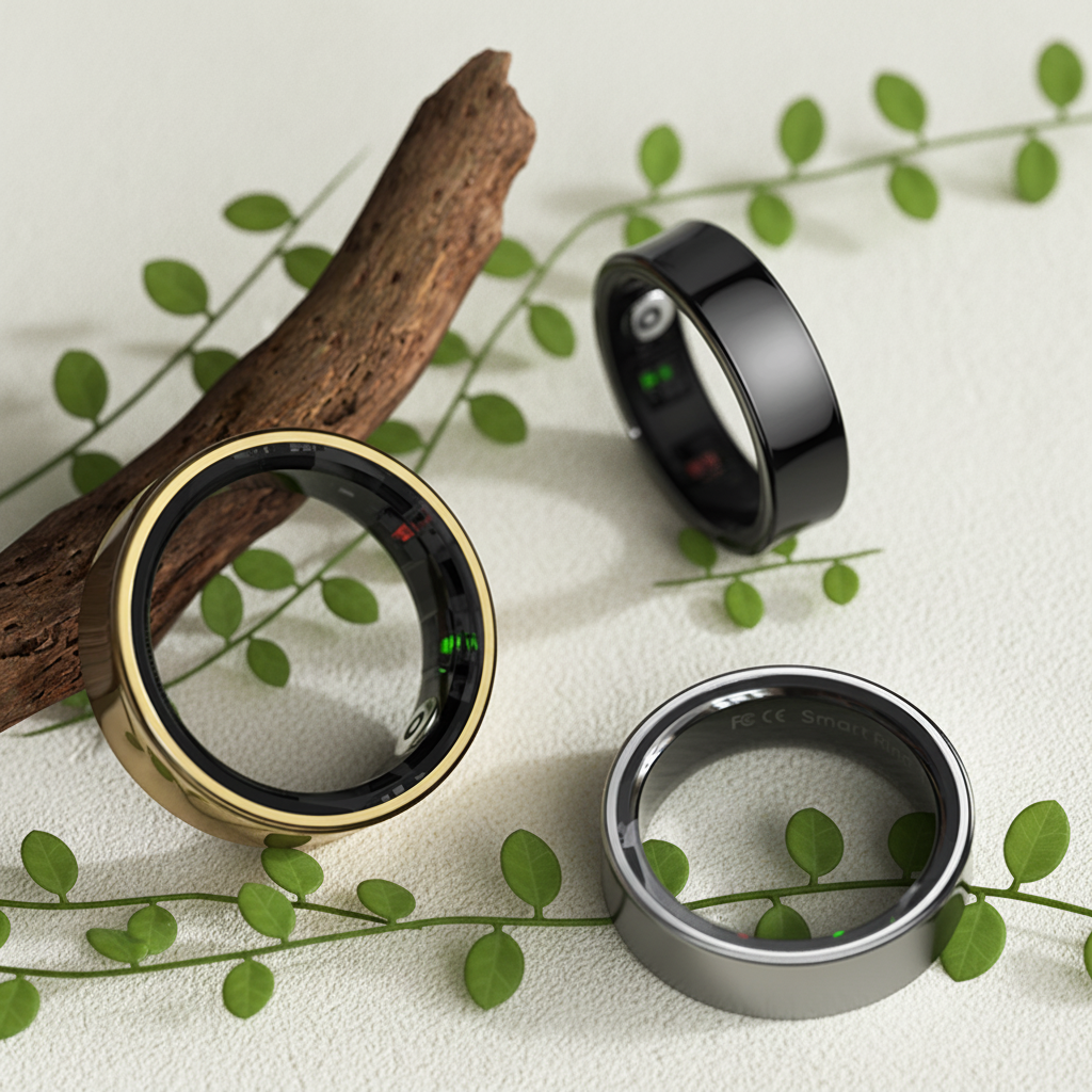 Three quantum rings leaning against a branch. 