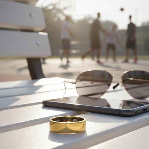Gold Quantum Smart Ring on bench with people playing basketball in background