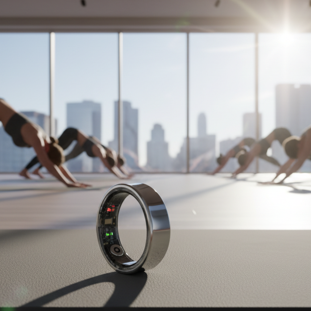 Silver Quantum smart ring with people doing yoga in the background