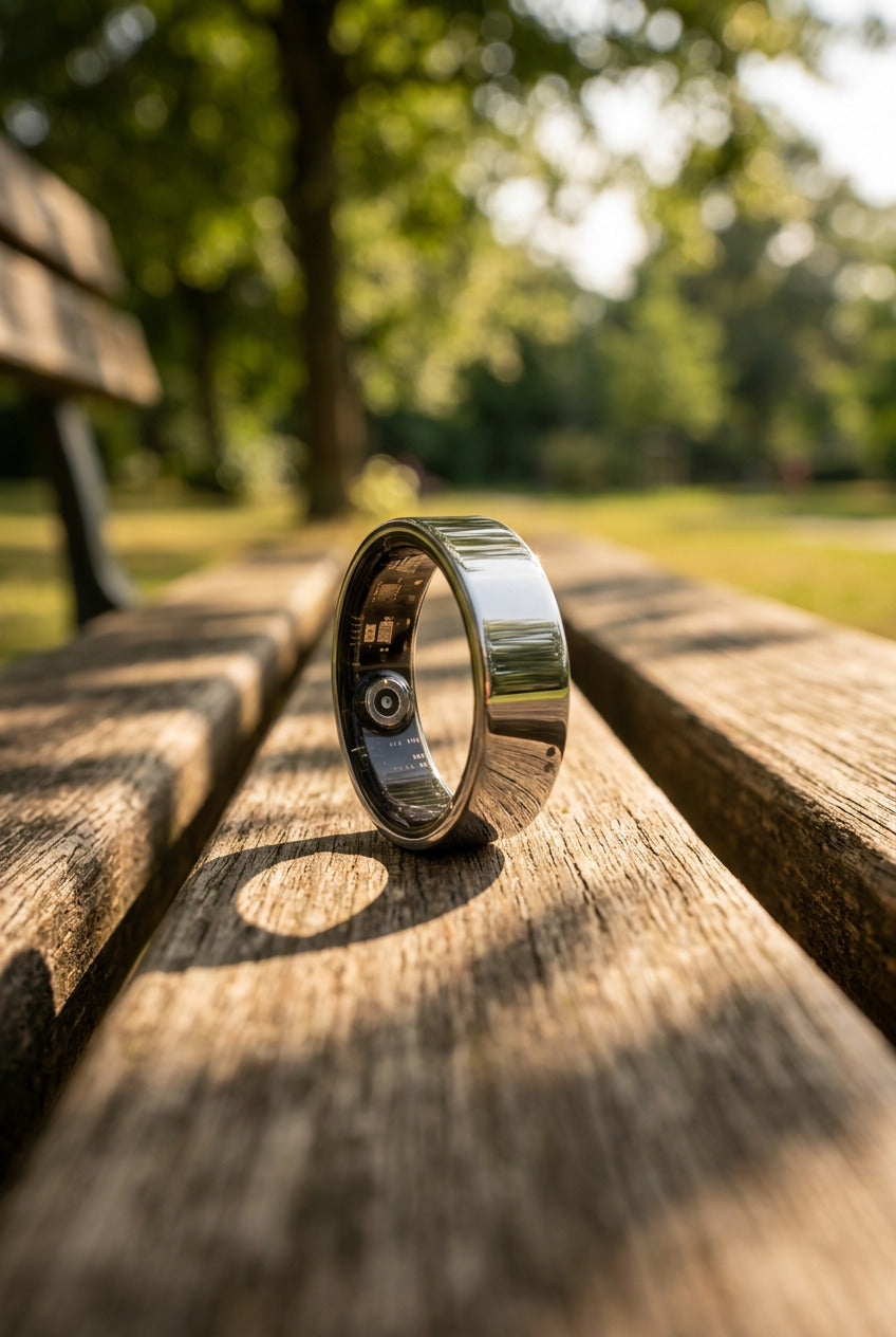 Silver Quantum Ring smart ring standing upright on a sunny park bench